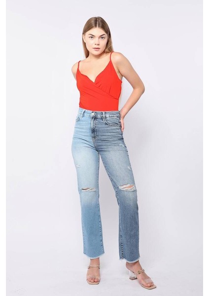 Kadın Dizi Yırtık Çift Yıkamalı Jean Pantolon indirimleri