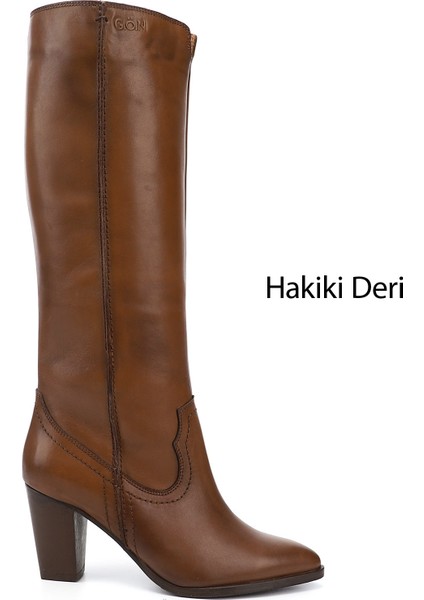 Kadın Taba Sivri Burun Kalın Topuklu Hakiki Deri Çizme