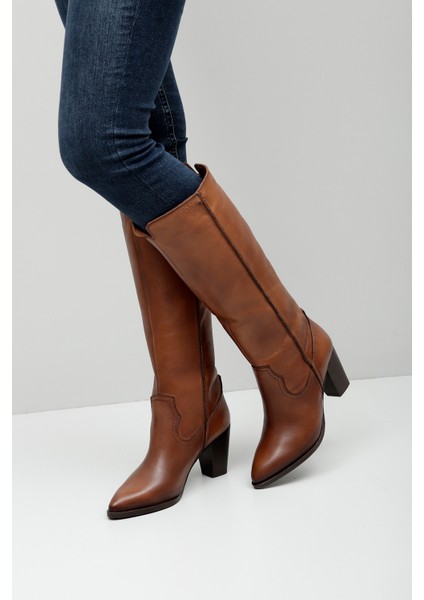 Kadın Taba Sivri Burun Kalın Topuklu Hakiki Deri Çizme fiyatları