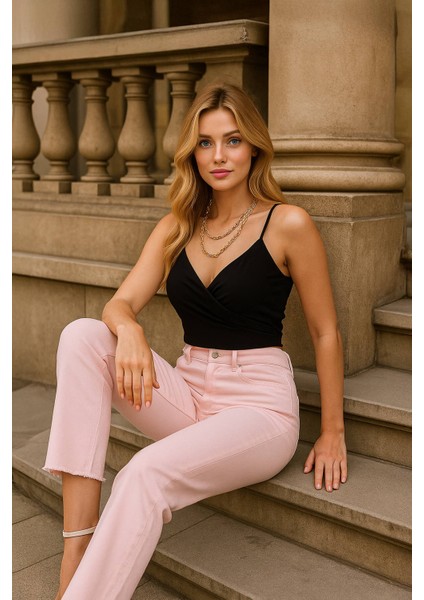Kadın Basic Paçası Kesik Jean Pantolon Pembe