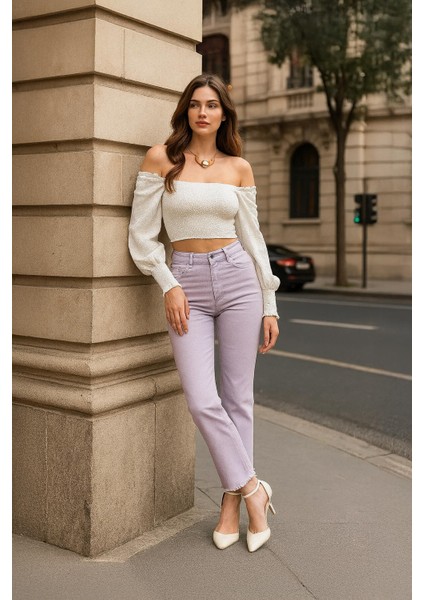 Kadın Basic Paçası Kesik Jean Pantolon Lila