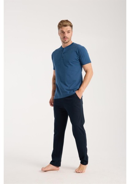 Erkek Indigo Düğmeli Yaka Kısa Kol Pijama Takımı