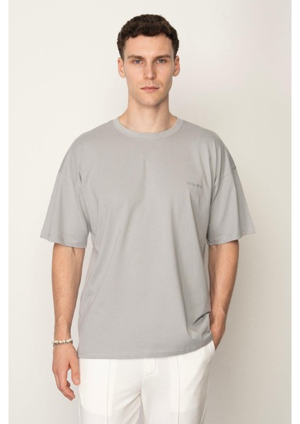 Gri Oversıze Bisiklet Yaka Erkek T-Shirt E1025