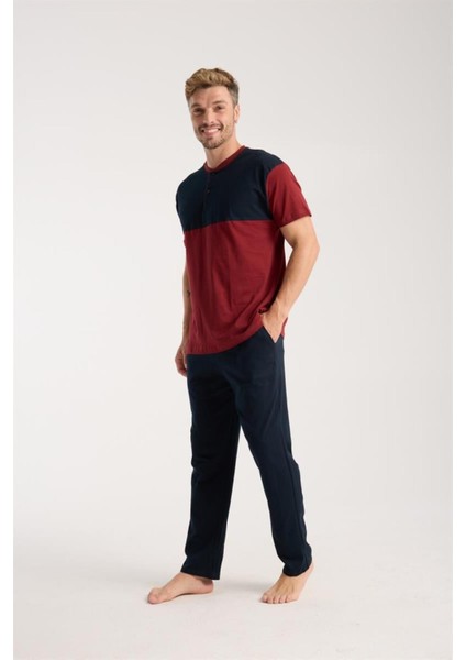 Erkek Bordo Düğmeli Yaka Kısa Kol Pijama Takımı