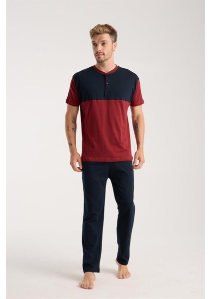 Erkek Bordo Düğmeli Yaka Kısa Kol Pijama Takımı modelleri