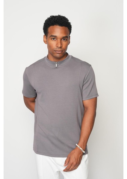 Kül Regular Fit Dik Yaka Erkek T-Shirt E1007
