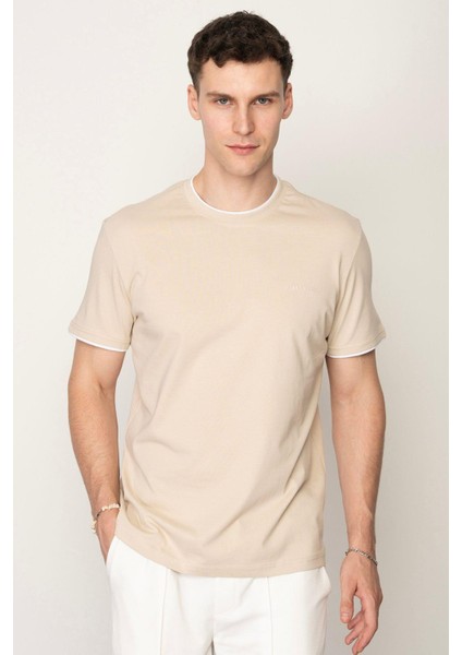 Bej Regular Fit Bisiklet Yaka Erkek T-Shirt E1026