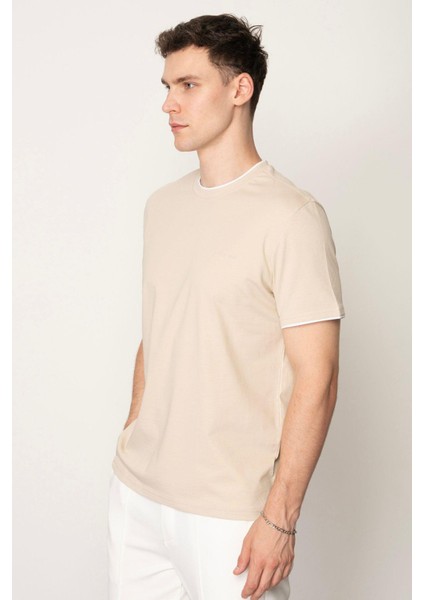 Bej Regular Fit Bisiklet Yaka Erkek T-Shirt E1026 fiyatları