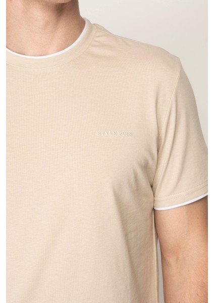 Bej Regular Fit Bisiklet Yaka Erkek T-Shirt E1026 indirimleri
