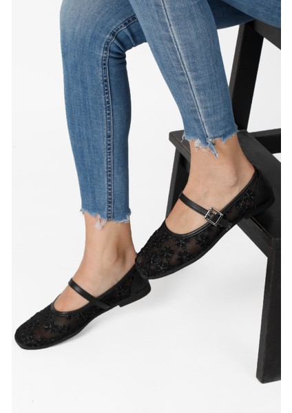 Siyahfile Çiçek Nakışlı Şık Babet Ayakkabı Günlük Kadın Babet