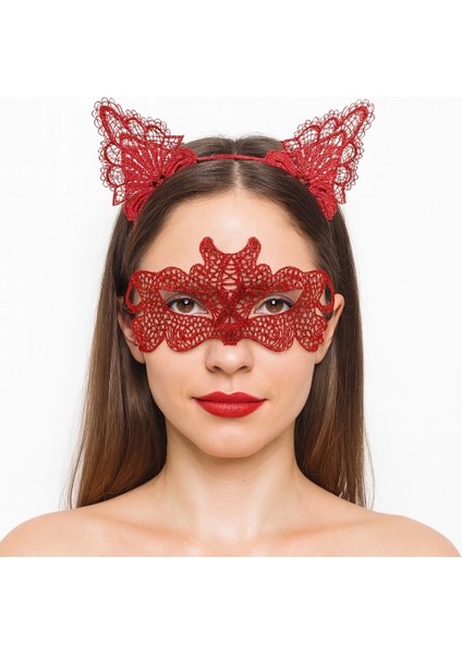 Ateş Kırmızısı Dantel Taç ve Maske Seti 10 No - Maskeli Balo Özel Gün Seti