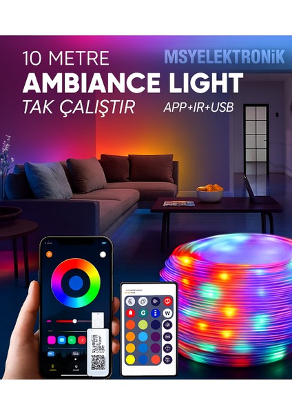 Bluetooth Bağlantılı Akıllı Rgb LED Şerit – 10 Metre | Sesle Tepki Veren, Usb'li, Kumandalı, Mobil Uyumlu