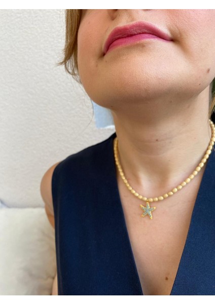 Ahşap Boncuk Deniz Yıldızı Figür Bej Renkli Kolye