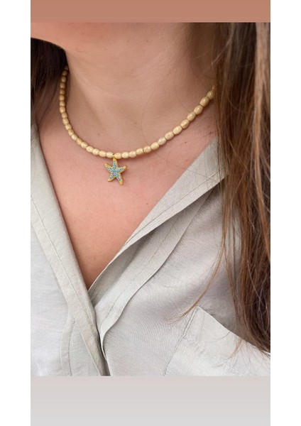 Ahşap Boncuk Deniz Yıldızı Figür Bej Renkli Kolye fiyatları