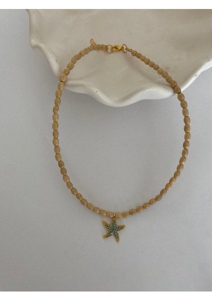 Ahşap Boncuk Deniz Yıldızı Figür Bej Renkli Kolye modelleri