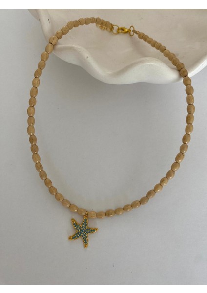 Ahşap Boncuk Deniz Yıldızı Figür Bej Renkli Kolye fırsatları