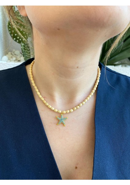 Ahşap Boncuk Deniz Yıldızı Figür Bej Renkli Kolye indirimleri