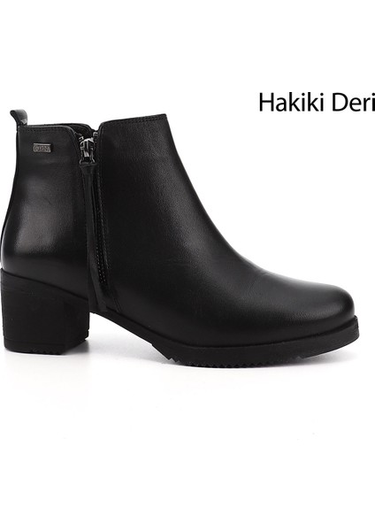Kadın Siyah Fermuarlı Kalın Topuklu Hakiki Deri Bot