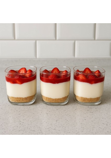 3'lü Borosilikat Cam Kare Magnolia Sunum Bardağı - Tatlı Sunum Bardağı 300 ml
