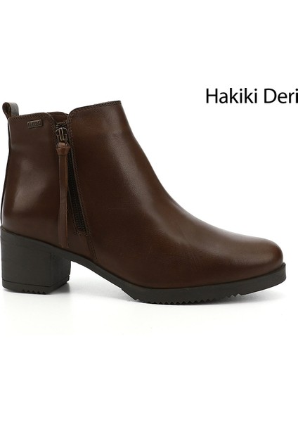 Kadın Kahve Fermuarlı Kalın Topuklu Hakiki Deri Bot
