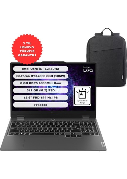 LOQ 15IAX9 GTICNT Intel Core I5 12450HX 8gb 512GB SSD RTX4060 Freedos 15.6" FHD 83GS00PGTR + Çanta Hediyeli