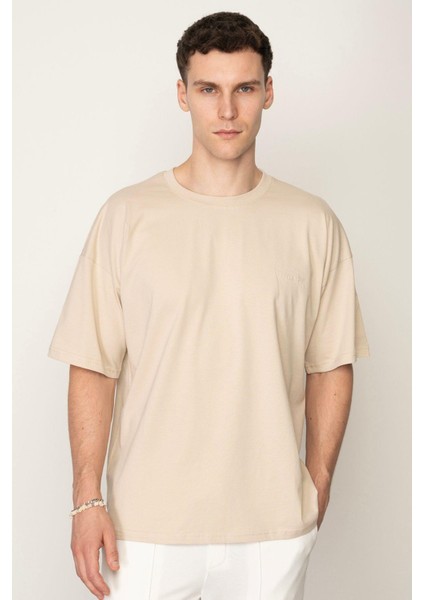 Bej Oversıze Bisiklet Yaka Erkek T-Shirt E1025