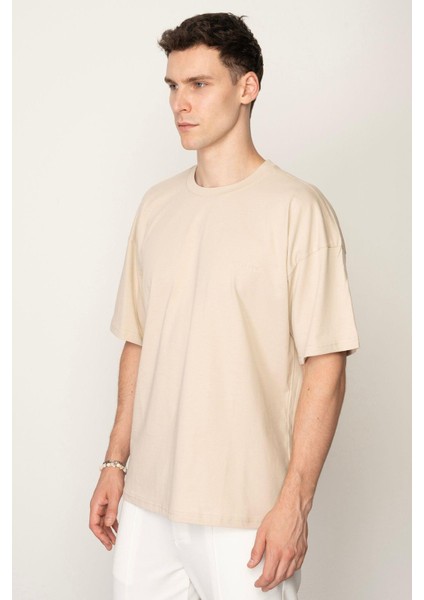 Bej Oversıze Bisiklet Yaka Erkek T-Shirt E1025 fiyatları