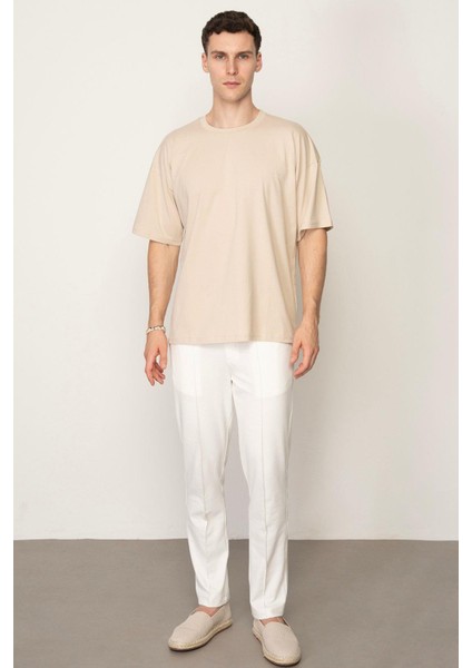 Bej Oversıze Bisiklet Yaka Erkek T-Shirt E1025 modelleri