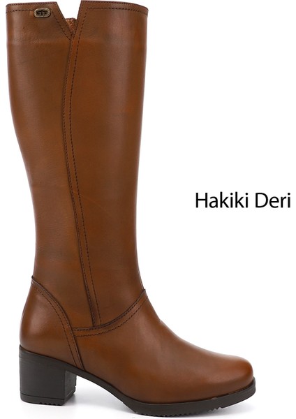 Kadın Taba Antik Fermuarlı Kalın Topuklu Hakiki Deri Çizme