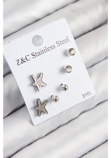 316L Çelik Zirkon Taşlı Deniz Yıldızı Model Gümüş Renk Kadın Set Küpe