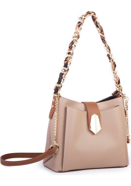 Kadın Zincirli Fularlı Şık Omuz ve Postacı Çantası Kum Taba Buffalo