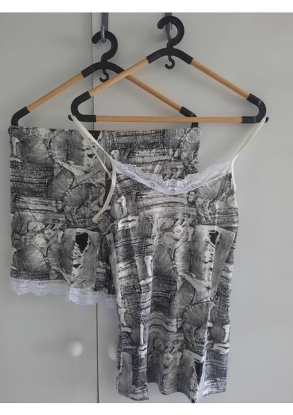 Bayan Viskon Kot Desen Dantelli Şort Takım