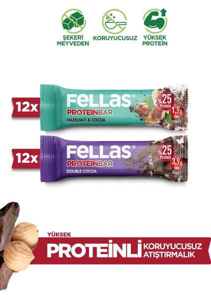 Protein Bar 32g Süper İkili Kutu 24 Adet - Duble Kakaolu x 12 Adet + Fındıklı x 12 Adet (2 Çeşit)
