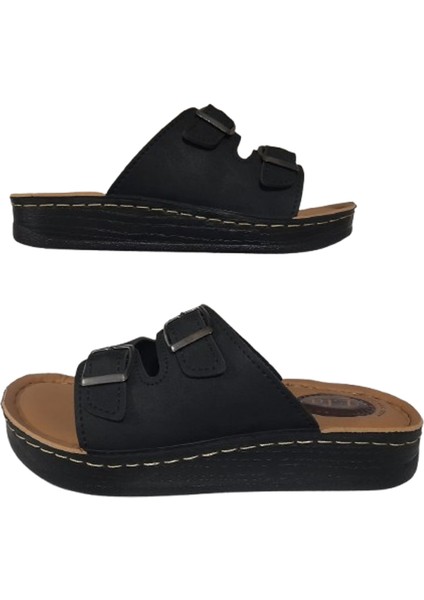 Ayarlanabilir Ortopedik Kadın Terlik Siyah Renk Ultra Soft Taban