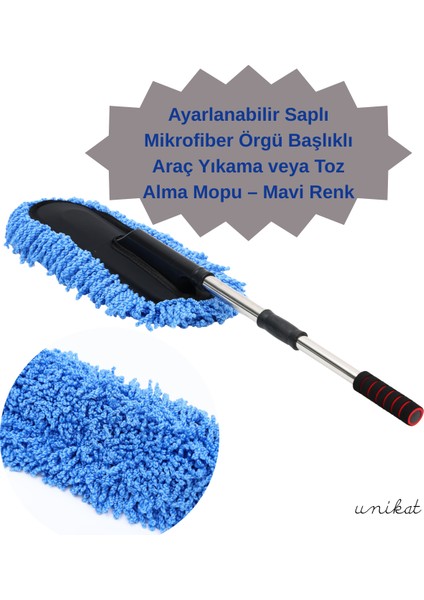 Mikrofiber Örgü Başlıklı Araç Yıkama ve Toz Alma Mopu – Mavi Renk