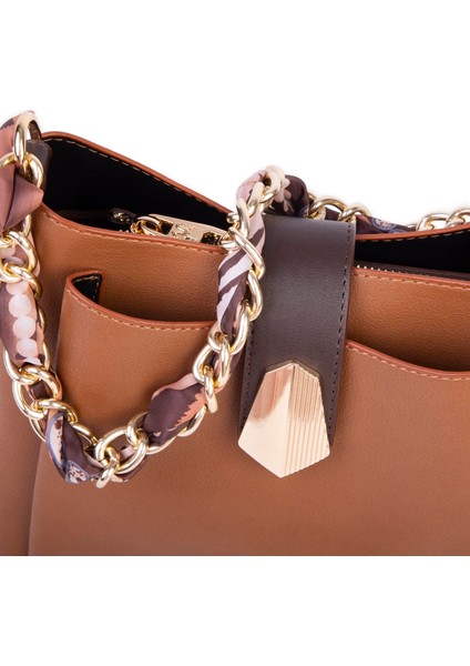 Kadın Zincirli Fularlı Şık Omuz ve Postacı Çantası Taba Kahve Buffalo modelleri