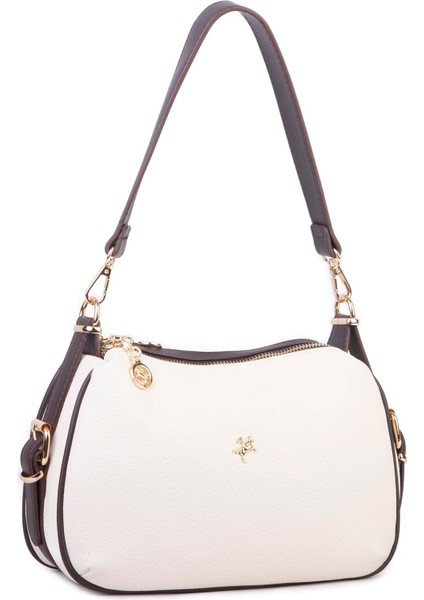 Kadın Omuz ve Çapraz Çanta Çok Gözlü Şık Tasarım (28X18 Cm) Krem Kahve Lopez