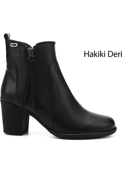 Gön Hakiki Deri Yuvarlak Burun Topuklu Kauçuk Taban Fermuarlı Püsküllü Kadın Bot 10406