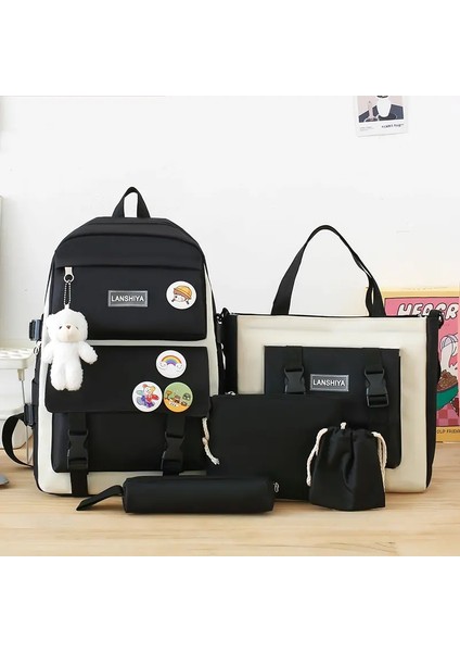 5 Adet Okul Çantaları Seti, Peluş Ayı ve Rozet ile Sevimli Sırt Çantası, Madeni Para Çantası, Kalem Kutusu, Çanta Depolama Kesesi Çapraz Bagcolor: Pembe (Yurt Dışından)