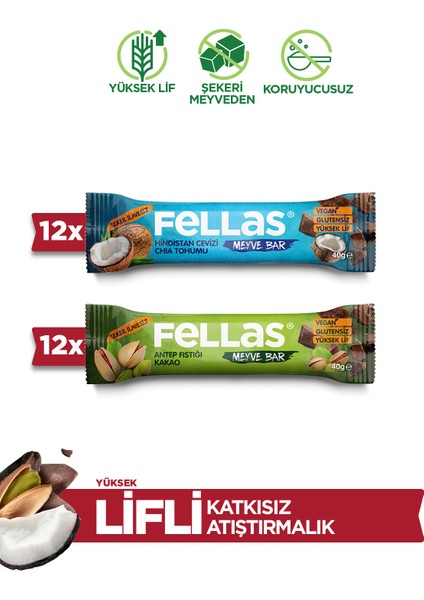 Meyve Bar 40G Ikili Kutu 24 Adet (Antep Fıstıklı x 12 + Hindistan Cevizli x 12)