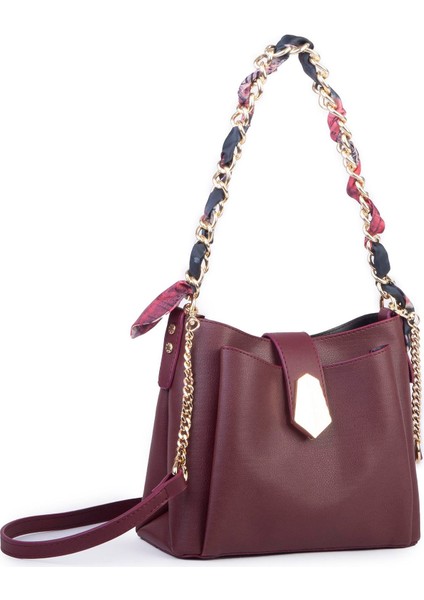 Kadın Zincirli Fularlı Şık Omuz ve Postacı Çantası Bordo Buffalo