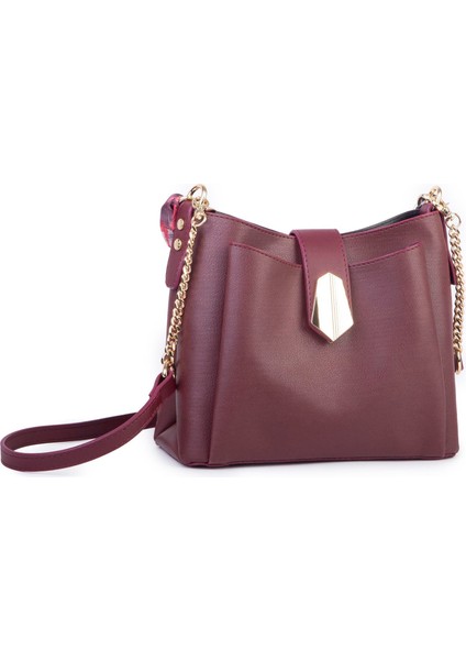 Kadın Zincirli Fularlı Şık Omuz ve Postacı Çantası Bordo Buffalo fiyatları