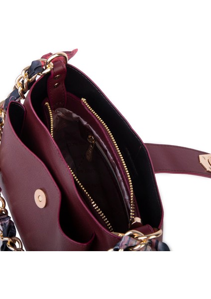 Kadın Zincirli Fularlı Şık Omuz ve Postacı Çantası Bordo Buffalo fırsatları