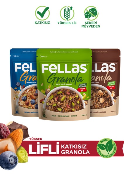 Granola 3'lü Mix Paket - Yaban Mersinli 200g + Fındık & Kakao 200g + Antep Fıstıklı 200g
