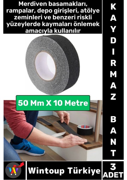 Ultra Güçlü Yapışkan Isg Iş Yeri Kaygan Zemin Merdiven Siyah Kaydırmaz Bant 50 mm x 10 Metre 3 Adet