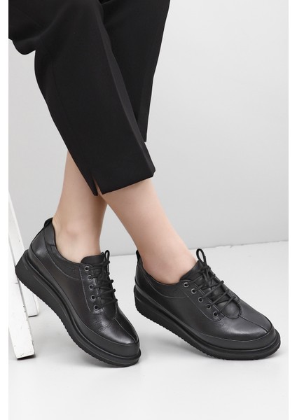 Kadın Siyah Bağcıklı Dolgu Taban Hakiki Deri Ayakkabı fiyatları