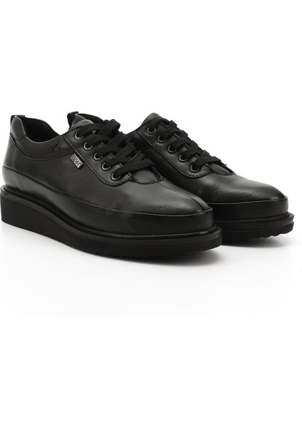 Kadın Siyah Bağcıklı Dolgu Taban Hakiki Deri Ayakkabı modelleri