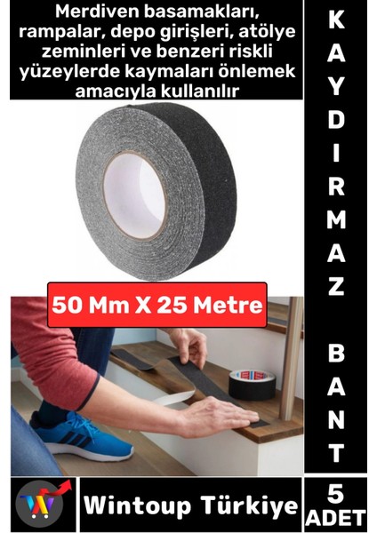 Ultra Güçlü Yapışkan Isg Iş Yeri Kaygan Zemin Merdiven Siyah Kaydırmaz Bant 50 mm x 25 Metre 5 Adet