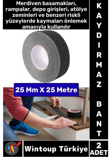 Ultra Güçlü Yapışkan Isg Iş Yeri Kaygan Zemin Merdiven Siyah Kaydırmaz Bant 25 mm x 25 Metre 2 Adet