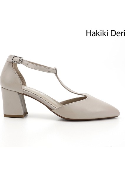 Kadın Bej Bilekten Bağlı Orta Topuklu Hakiki Deri Ayakkabı